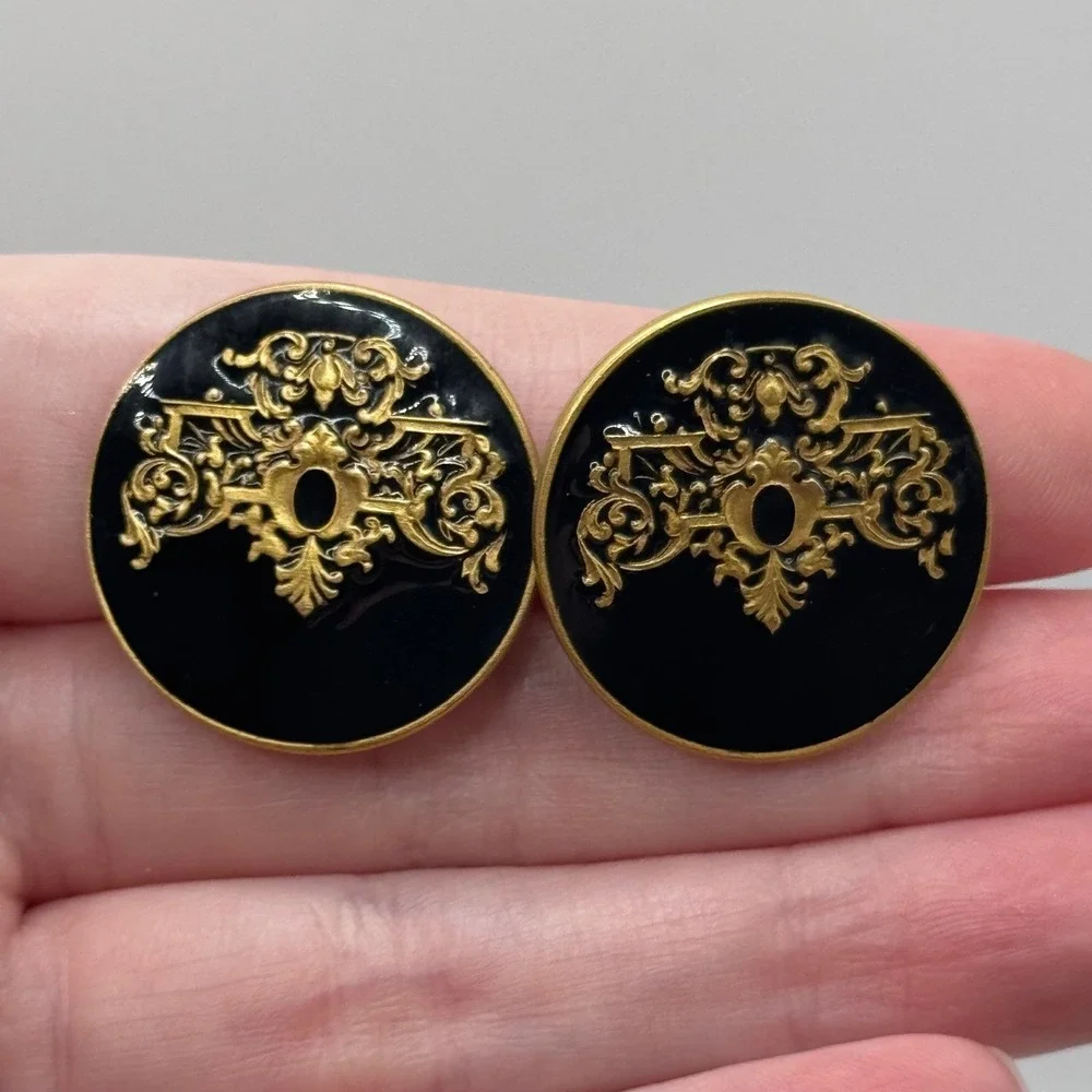Vintage Museum of Fine Arts MFA Clip On Earrings Black Enamel Gold Tone